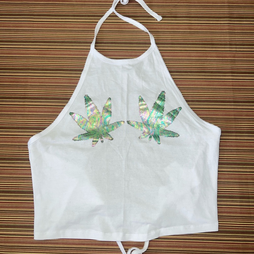 Spencer’s Trendy 420 Halter Crop Top with Holographic Plants